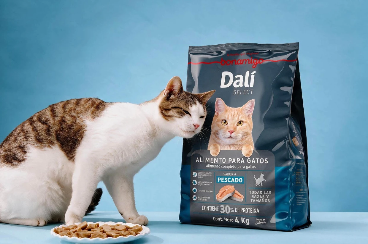 Gato con empaque de alimento para gatos Dalí Bonamigo